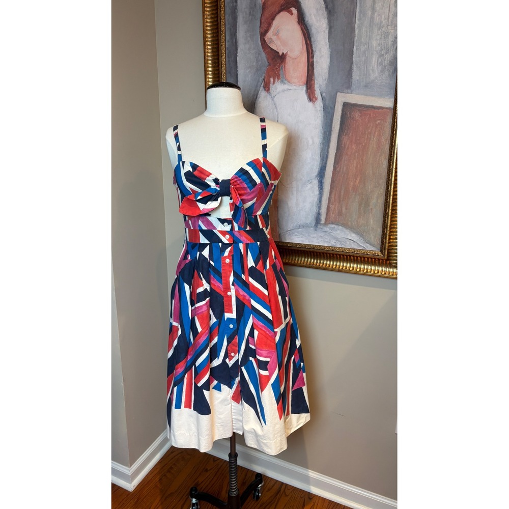 Milly Womens Abstract Geometric Print Bow Front Button Down Fit Flare Dress
